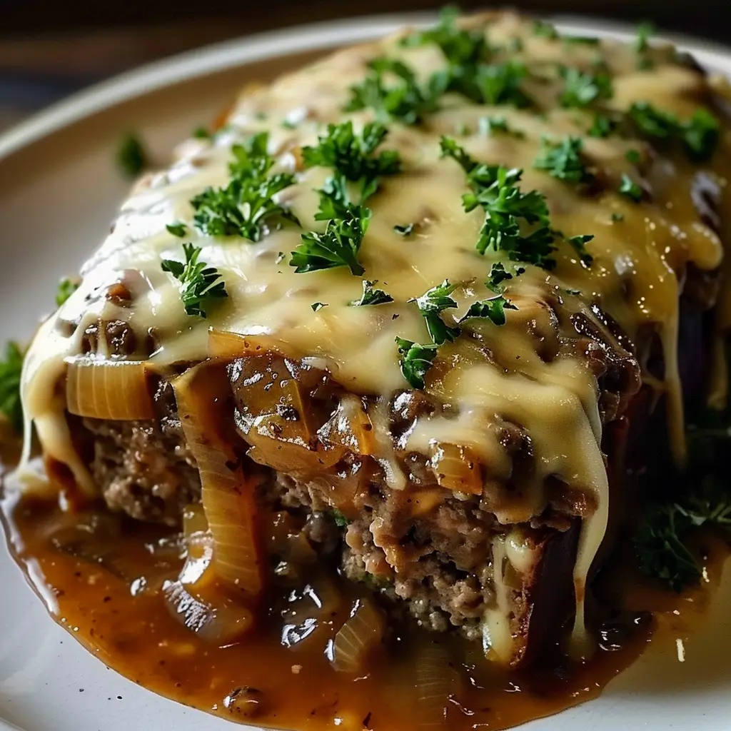 Crockpot French Onion Meatloaf with Melted Swiss Cheese