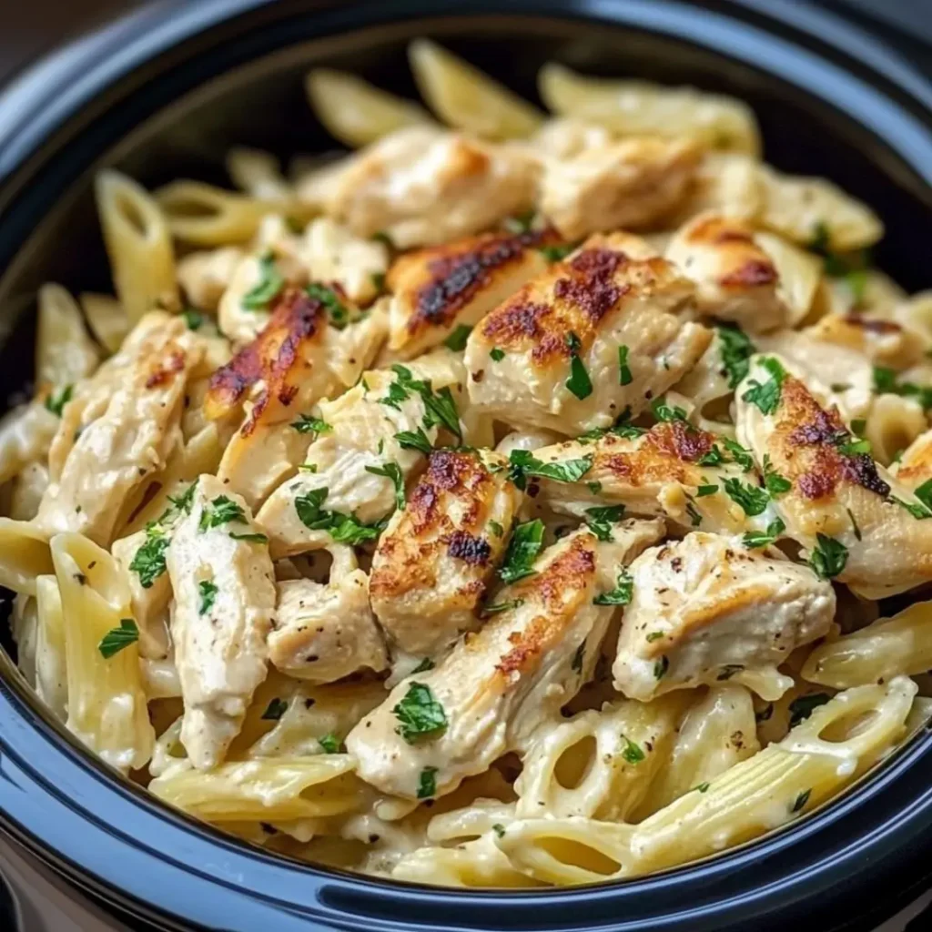 Crockpot Parmesan Garlic Chicken Pasta