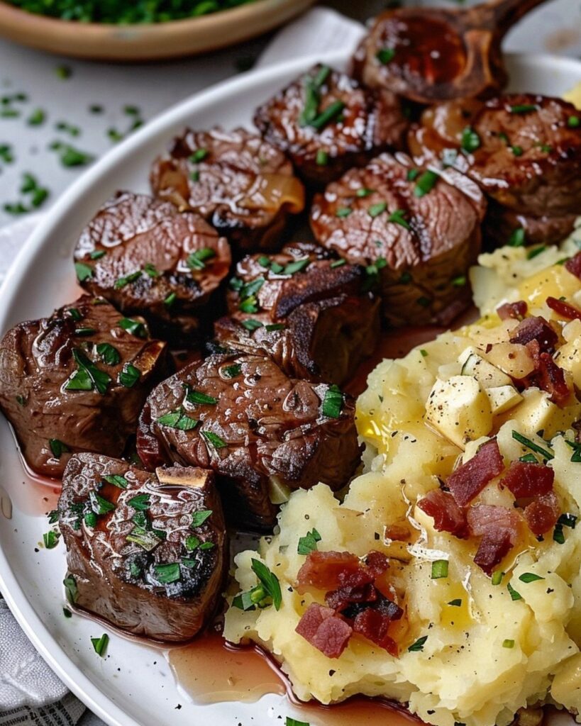 Garlic Butter Steak Bites and Cheesy Smashed Potatoes